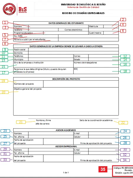 Hoja 1 del Registro del proyecto de estadía con campos numerados